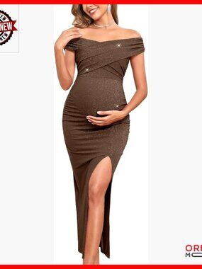 Sparkly Off Shoulder Maternity Bodycon Dress High Slit Party Gown